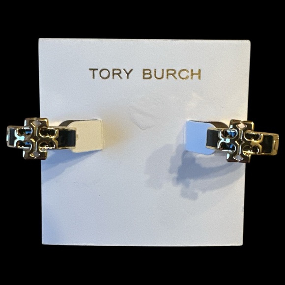 Tory Burch Gold and Black Huggie Hoop Earrings - Picture 2 of 5